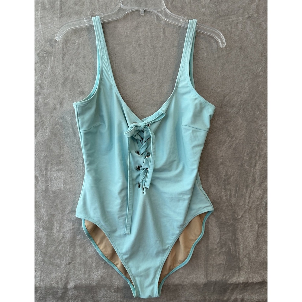 Newport News Swim One Piece Swimsuit Womens Medium Blue Lace Up Front Monokini